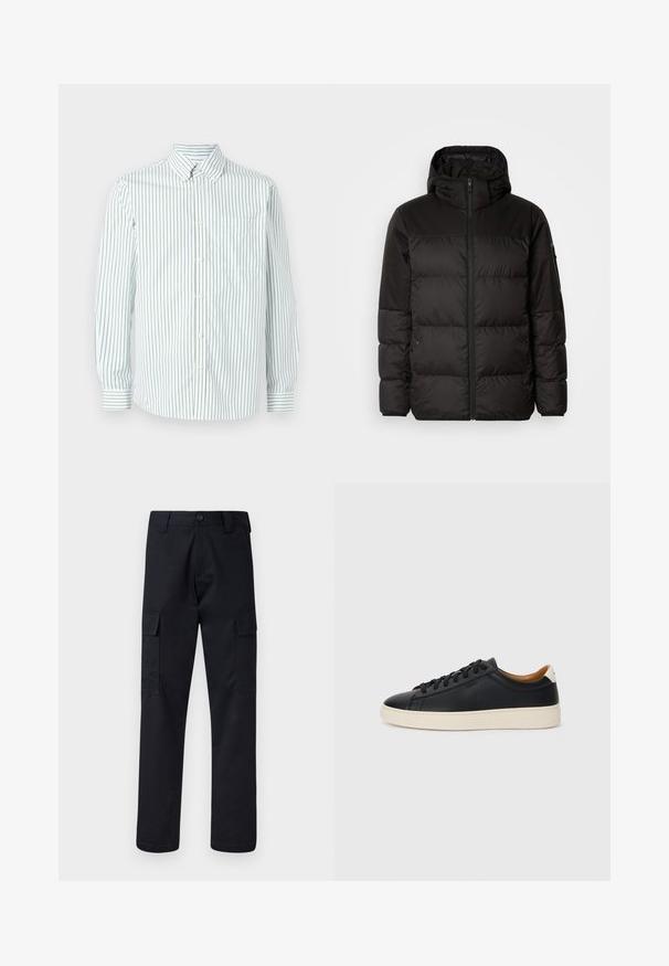 Geacă puffer neagră cu închidere cu fermoar, glugă, secțiuni quilted și manșete elastice, realizată dintr-un material neted, rezistent la apă.; Les Deux KENT - Cămașă - white; Pantaloni cargo negri, fabricați dintr-un material rezistent, cu un croi dre apt, două buzunare laterale și o închidere cu button la talie.; Căști din piele neagră cu o textură netedă, talpă din cauciuc bej, design cu șireturi și un accent contrastant la călcâi.