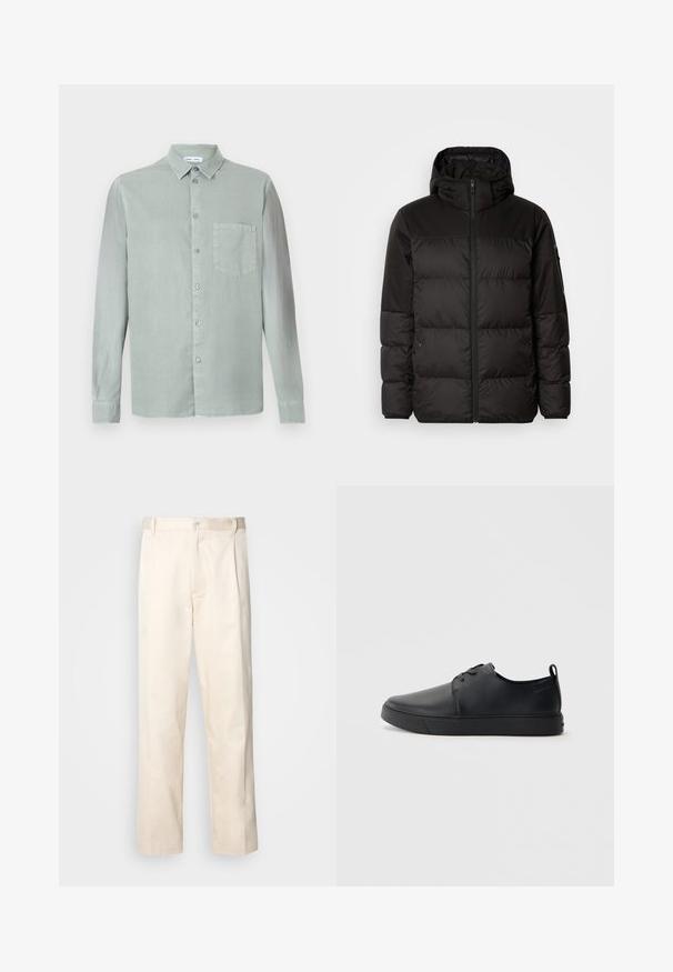 Musta puhvijakku sisältää vetoketjun, hupun, tilkuista koostuvia osioita ja joustavat hihansuut. Se on valmistettu sileästä, vedenpitävästä materiaalista.; Vihreä pitkähihaine paita nappikauluksella, etutaskulla ja hieman teksturoidulla kankaalla. Ominaisuutena yhteensopivat napit.; Vaaleanbeige puuvillahousut, joissa on suora lahje, varustettu nappisulkeisella ja etupuolella olevilla laskoksilla lisäyksinä.; Musta nahkakengät hienolla pinnalla, pyöreällä varvastyönnöllä, sävyyn sointuvilla ompeluilla, nauhakengät edessä ja littealla kumipohjalla. Silmukka kantapäässä.