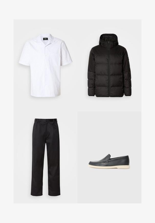 Il giubbotto puffo nero presenta una chiusura con zip, un cappuccio, sezioni trapuntate e polsini elastici, realizzato in un materiale liscio e resistente all'acqua.; Camicia a maniche corte bianca con sottili righe verticali azzurro chiaro, dotata di colletto a punta e di una tasca sul petto.; Pantaloni neri realizzati in tessuto morbido, con chiusura frontale a bottone, pieghe e gambe dritte. Nessun motivo o accento visibile.; Mocassini neri in pelle con finitura testurizzata e suola in gomma beige a contrasto. Presentano un accento sottile lungo la parte anteriore.