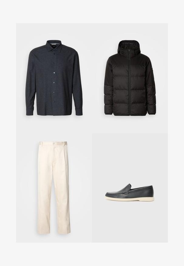 A fekete steppelt dzseki cipzáros záródással, kapucnival, steppelt részekkel és rugalmas mandzsettákkal rendelkezik, sima, vízálló anyagból készült.; BOSS COLE - Ing - open blue; Beige pamut nadrág egyenes szárú kivágással, gombos záródással és elülső redőkkel a részletek fokozása érdekében.; Fekete bőr, slip-on stílusú loaferek, texturált felülettel és kontrasztos bézs gumitalppal. A frontrészén finom díszítéssel rendelkezik.