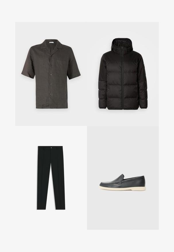 Il giubbotto puffo nero presenta una chiusura con zip, un cappuccio, sezioni trapuntate e polsini elastici, realizzato in un materiale liscio e resistente all'acqua.; Camicia a maniche corte, con colletto in lino grigio scuro, dotata di taschino sul petto e chiusura frontale con bottoni. Texture liscia, vestibilità rilassata.; Pantaloni neri in tessuto lisci, con design a gamba dritta. Presentano una chiusura frontale con bottone e passanti per cintura. Senza fantasie.; Mocassini neri in pelle con finitura testurizzata e suola in gomma beige a contrasto. Presentano un accento sottile lungo la parte anteriore.