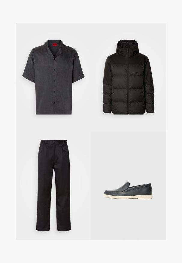 Juodas pūkinis švarkas turi užtrauktuką, gobtuvą, siūlinčius skyrius ir elastinius rankogalius, pagamintas iš lygaus, vandeniui atsparaus medžiagos.; Trumpas rankovėmis, su apykakle, tamsiai pilkos spalvos marškiniai, pagaminti iš lygaus audinio; turi penkis juodus mygtukus ir raudoną prekės ženklo etiketę ant kaklo.; Juodi kelniukai, pagaminti iš lygaus audinio, su užsegimu priekyje, raukšlėmis ir tiesiomis kojomis. Nėra matomų raštų ar akcentų.; Juodi odiniai batus be raištelių, turintys tekstūruotą paviršių ir kontrastingą smėlio spalvos gumos padai. Yra subtilus akcentas priekyje.