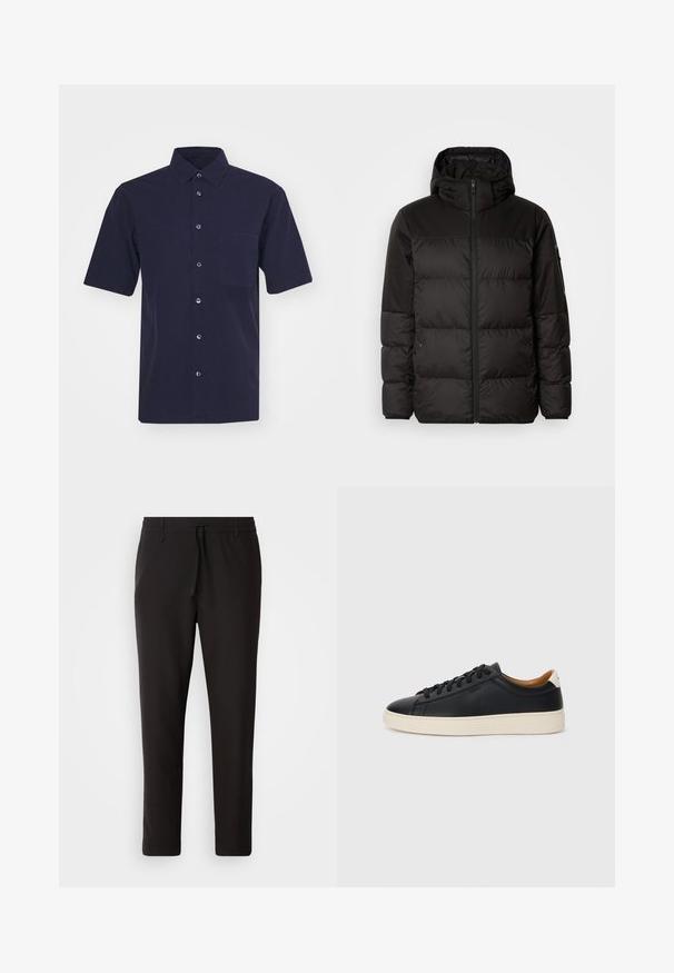 Black puffer jacket features a zip closure, a hood, quilted sections, and elastic cuffs, made from a smooth, water-resistant material.; Dark navy short-sleeve shirt made of fabric with a smooth texture. Features a classic collar, button front, and a chest pocket.; Black jogger pants made of smooth fabric. Feature an elastic waistband with a drawstring, tapered legs, and no visible pockets. Simple design.; Black leather sneakers with a smooth texture, beige rubber sole, lace-up design, and a contrasting heel accent.