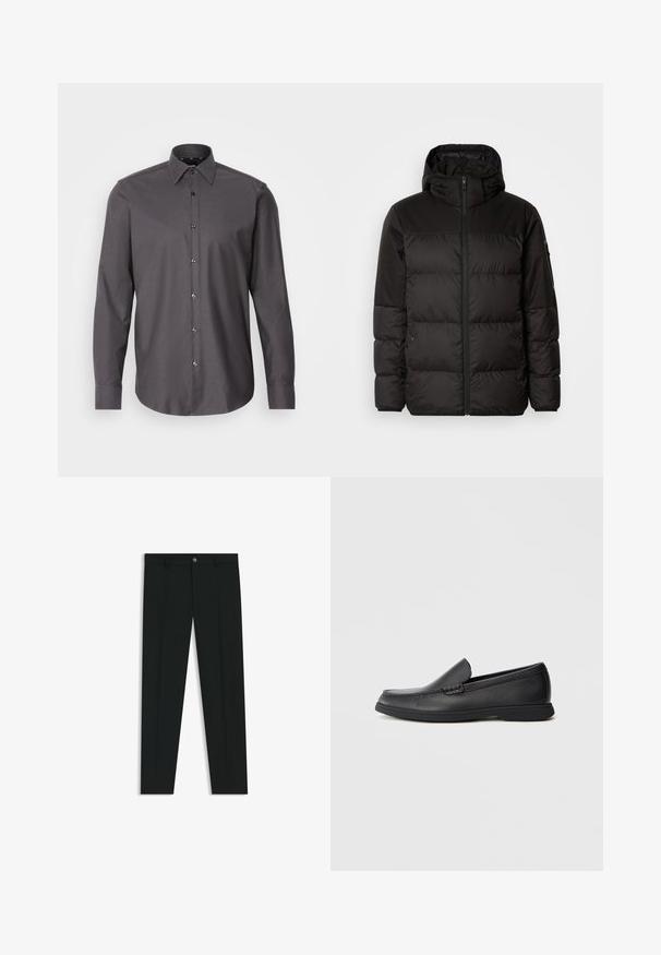 Czarna kurtka puchowa z zapięciem na zamek, kapturem, pikowanymi sekcjami i elastycznymi mankietami, wykonana z gładkiego, wodoodpornego materiału.; Ciemnoszara koszula z długim rękawem, z kołnierzykiem i drobnym wzorem teksturowanym. Posiada błyszczące guziki i zaokrąglony dół.; Czarne spodnie materiałowe z prostymi nogawkami, wykonane z gładkiego materiału. Posiadają zamek na guzik z przodu oraz szlufki na pasek. Gładkie, bez wzorów.; Czarne skórzane mokasyny wsuwane z teksturowaną cholewką, okrągłym noskiem, niskim obcasem i gumową podeszwą, przedstawione w profilu bocznym na białym tle.