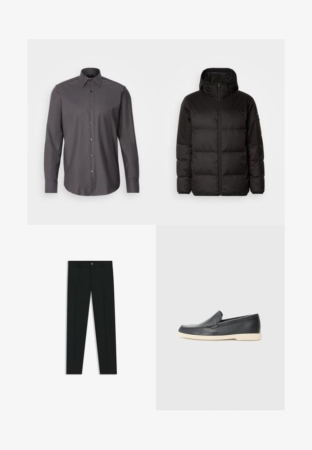 Musta puhvijakku sisältää vetoketjun, hupun, tilkuista koostuvia osioita ja joustavat hihansuut. Se on valmistettu sileästä, vedenpitävästä materiaalista.; Tummanharmaa nappikauluinen paita, jossa on pitkät hihat, kaulus ja pieni tekstuurikuvio. Varustettu kiiltävillä nappeilla ja pyöristetyllä helmakohdalla.; Musta housut, joissa on suora lahje, valmistettu sileästä kankaasta. Edessä nappisulku ja vyölenkit. Yksinkertainen ilman kuvioita.; Mustat nahkakengät ilman nauhoja, joissa on teksturoitu pinta ja kontrastoiva beige kumipohja. Kengissä on hillitty yksityiskohta etuosassa.