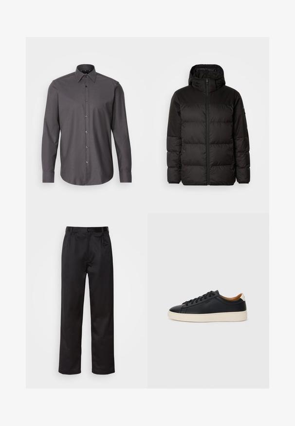 A jaqueta puffer preta apresenta um fecho zip, um capuz, secções acolchoadas e punhos elásticos, confeccionada em um material liso e resistente à água.; Camisa abotoada de cor cinza escuro, com mangas longas, colarinho e padrão texturizado pequeno. Apresenta botões brilhantes e uma bainha arredondada.; Calças pretas feitas de um tecido suave, com fecho frontal por botão, pregas e pernas retas. Sem padrões ou acentos visíveis.; Tenis de couro preto com uma textura suave, sola de borracha bege, design de atar e um destaque no calcanhar em contraste.