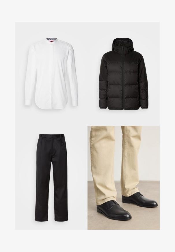 Musta puhvijakku sisältää vetoketjun, hupun, tilkuista koostuvia osioita ja joustavat hihansuut. Se on valmistettu sileästä, vedenpitävästä materiaalista.; Valkoinen pitkähihaiseen paita, jossa on korkea kaulus ja kuvioitu tummansininen ja valkoinen sisäkaulus. Silkkinen pinta ja normaali istuvuus.; Musta housut sileästä kankaasta, joissa on etupainike, laskokset ja suorat lahkeet. Ei näkyviä kuvioita tai korostuksia.; Musta nahkakengät nauhalla, pyöreällä kärjellä, sileällä pinnalla ja hienovaraisilla ompelutiedoilla, käytettynä vaaleanbeigejen housujen kanssa.