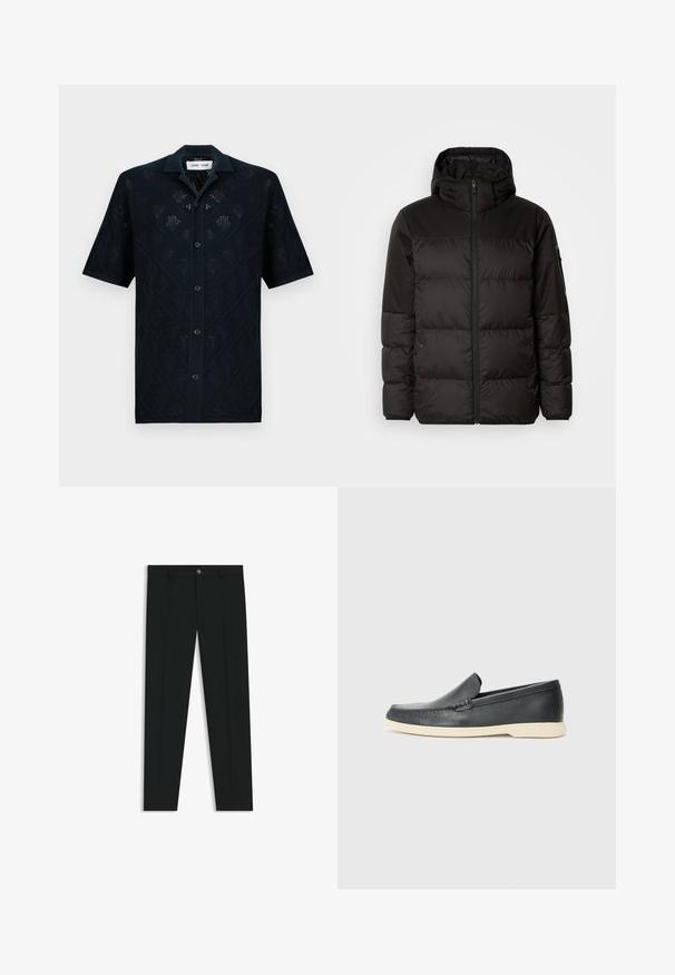 Musta puhvijakku sisältää vetoketjun, hupun, tilkuista koostuvia osioita ja joustavat hihansuut. Se on valmistettu sileästä, vedenpitävästä materiaalista.; Lyhythihainen laivastonsininen paita, jossa on timantinmuotoinen kuvio, valmistettu teksturoidusta kankaasta, ja siinä on kaulukset sekä etupuolen napitus.; Musta housut, joissa on suora lahje, valmistettu sileästä kankaasta. Edessä nappisulku ja vyölenkit. Yksinkertainen ilman kuvioita.; Mustat nahkakengät ilman nauhoja, joissa on teksturoitu pinta ja kontrastoiva beige kumipohja. Kengissä on hillitty yksityiskohta etuosassa.