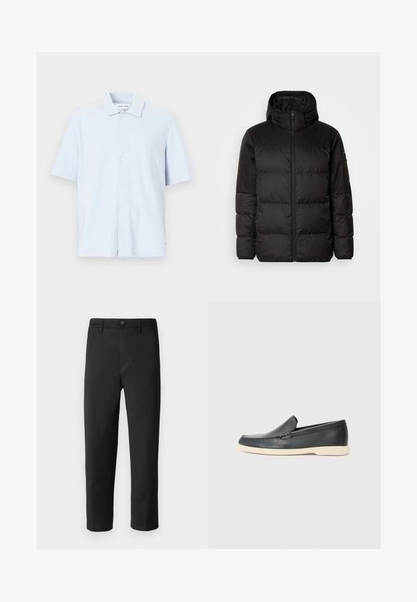 Il giubbotto puffo nero presenta una chiusura con zip, un cappuccio, sezioni trapuntate e polsini elastici, realizzato in un materiale liscio e resistente all'acqua.; Camicia azzurra a maniche corte realizzata in tessuto morbido, con chiusura a bottoni e un design del colletto classico.; Pantaloni neri a gamba dritta, realizzati in tessuto liscio. Presentano una chiusura con bottone e passanti per cintura. Nessun motivo o dettaglio visibile.; Mocassini neri in pelle con finitura testurizzata e suola in gomma beige a contrasto. Presentano un accento sottile lungo la parte anteriore.