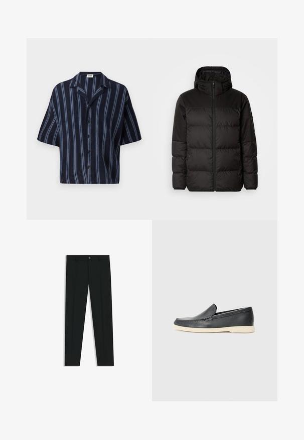 Schwarze Pufferjacke mit Reißverschluss, Kapuze, gesteppten Abschnitten und elastischen Bündchen, hergestellt aus einem glatten, wasserabweisenden Material.; Kurzenarm-Hemd mit Knöpfen, das einen navyfarbenen Hintergrund mit vertikalen hellblauen Streifen und einem klassischen Kragen-Design aufweist.; Schwarze Anzughosen mit geradem Bein, aus glattem Stoff. Mit Knopfverschluss vorne und Gürtelschlaufen. Schlicht ohne Muster.; Schwarze Leder-Slipper mit strukturiertem Finish und einer kontrastierenden beige Gummisohle. Mit einem dezenten Akzent an der Vorderseite.