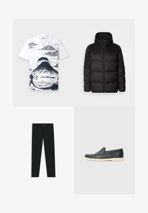 Il giubbotto puffo nero presenta una chiusura con zip, un cappuccio, sezioni trapuntate e polsini elastici, realizzato in un materiale liscio e resistente all'acqua.; Camicia bianca a maniche corte con un'illustrazione nera del Monte Fuji, accompagnata da nuvole e onde. Realizzata in tessuto leggero con una vestibilità rilassata.; Pantaloni neri in tessuto lisci, con design a gamba dritta. Presentano una chiusura frontale con bottone e passanti per cintura. Senza fantasie.; Mocassini neri in pelle con finitura testurizzata e suola in gomma beige a contrasto. Presentano un accento sottile lungo la parte anteriore.