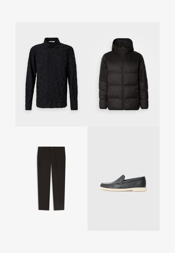 Il giubbotto puffo nero presenta una chiusura con zip, un cappuccio, sezioni trapuntate e polsini elastici, realizzato in un materiale liscio e resistente all'acqua.; Camicia nera a maniche lunghe con bottoni, caratterizzata da un sottile motivo circolare testurizzato e una tasca sul petto, esposta su uno sfondo bianco.; Pantaloni neri con un design a gamba dritta, realizzati in un tessuto liscio. Presentano una chiusura con bottone e tasche frontali. Senza motivi o accenti visibili.; Mocassini neri in pelle con finitura testurizzata e suola in gomma beige a contrasto. Presentano un accento sottile lungo la parte anteriore.