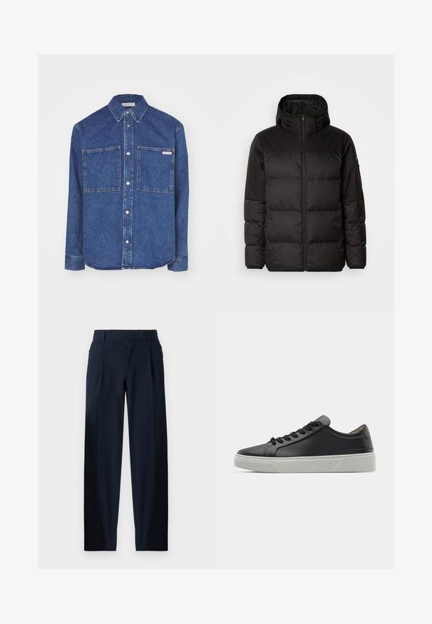 Svart puffjacka med blixtlås, huva, quiltade sektioner och elastiska mudd, tillverkad av ett slätt, vattentåligt material.; Calvin Klein Jeans REGULAR LINEAR - Skjorta - blue denim medium; Marinblå byxor med en slät yta, vid bendesign, framskjutna veck, bälteshällor och dragkedjestängning. Lämpliga för formellt eller avslappnat bruk.; Svart lädersneaker med en slät yta, rund tå och svarta skosnören. Har en tjock, vit gummisula med subtila geometriska accenter.