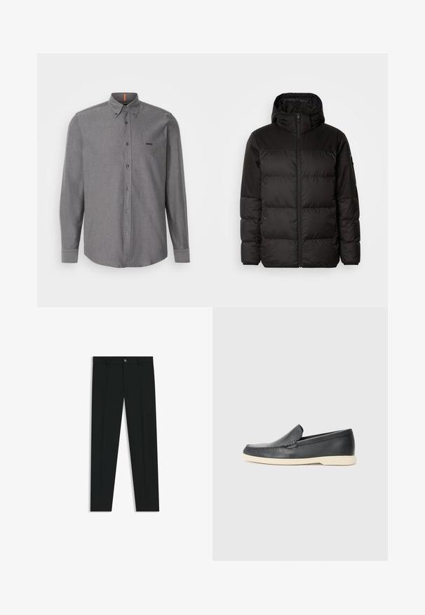 Sort pufferjakke med lynlås, hætte, quiltede sektioner og elastiske manchetter, lavet af et glat, vandafvisende materiale.; Grå langærmet skjorte med knaplukning i en bomuldsblanding, med spids krave, brystlomme og logo på brystet. Har en buet kant og manchetter med knapper.; Sorte dressbukser med lige ben-design, lavet af glat stof. Har en frontlukning med knap og bæltestropper. Enkle uden mønstre.; Sorte læder slip-on loafers med en struktureret overflade og en kontrasterende beige gummisål. Har en subtil detalje langs forsiden.