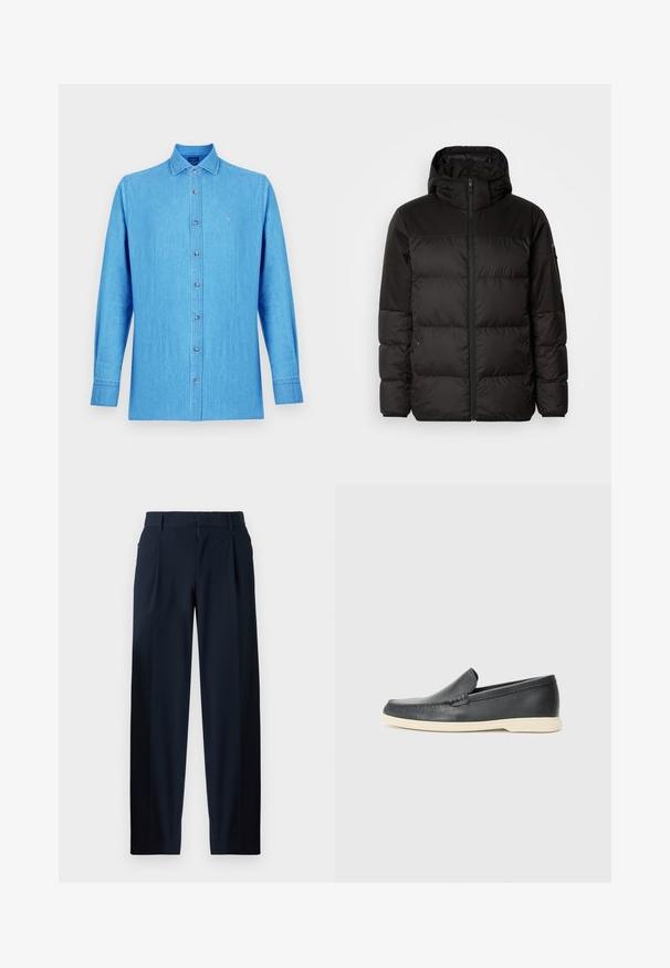 Schwarze Pufferjacke mit Reißverschluss, Kapuze, gesteppten Abschnitten und elastischen Bündchen, hergestellt aus einem glatten, wasserabweisenden Material.; Hellblaues Hemd aus Denimstoff mit Knopfleiste. Es verfügt über einen klassischen Kragen, lange Ärmel und ein kleines besticktes Logo auf der Brust.; Marineblaue Hose mit glatter Textur, weiter Beinschnitt, Vorderfalten, Gürtelschlaufen und Reißverschluss. Geeignet für formelle oder lässige Anlässe.; Schwarze Leder-Slipper mit strukturiertem Finish und einer kontrastierenden beige Gummisohle. Mit einem dezenten Akzent an der Vorderseite.