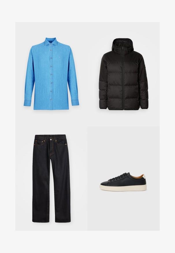 Svart puffjacka med blixtlås, huva, quiltade sektioner och elastiska mudd, tillverkad av ett slätt, vattentåligt material.; Ljusblå skjorta i denimtyg med knappar fram. Har en klassisk krage, långa ärmar och en liten broderad logga på bröstet.; Svart denimjeans för män med rak passform, fem fickor och orangea sömmar, med knäppning och dragkedja fram i midjan.; Svarta lädersneakers med en slät yta, beige gummisula, snörning och en kontrasterande hälackcent.