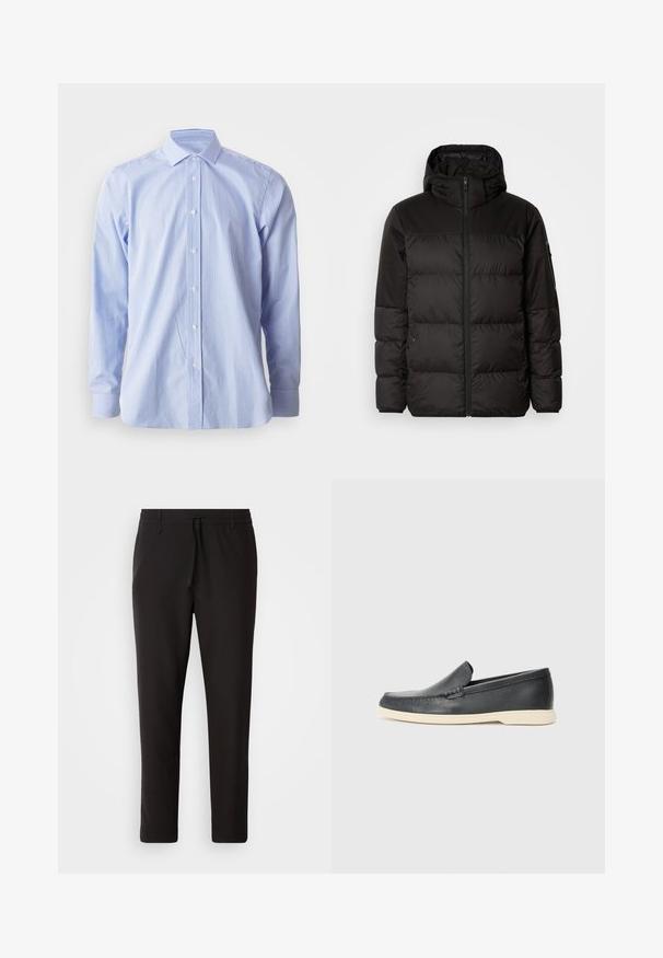 Mustikas puffer-jakk sisaldab tõmblukku, kapuutsi, tikandiga osi ja elastseid mansette, valmistatud siledast veekindlast materjalist.; Sinine ja valge triibuline särk, pikkade varrukatega, nööpide ette läbitud, terava kraega, puuvillane kangas, sile tekstuur, klassikaline lõige.; Mustad jogger-püksid, mis on valmistatud siledast kangast. Omavad elastset pihaotsikut koos paelaga, kitsenevaid jalaosi ja nähtamatuid taskuid. Lihtne disain.; Must musta sussid mustast nahast, millel on tekstuuriga pind ja kontrastne beež kummitald. Ees on peen aktsent.