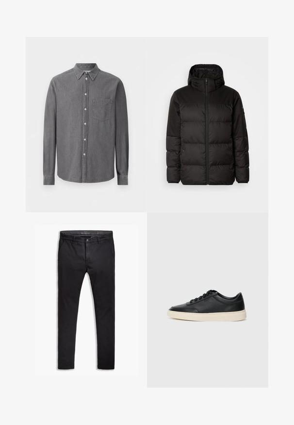 Mustikas puffer-jakk sisaldab tõmblukku, kapuutsi, tikandiga osi ja elastseid mansette, valmistatud siledast veekindlast materjalist.; Hall hõlmikuga särgist, mis on valmistatud pehmest kangast, klassikalise kraega, ühekordse rinnataskuga ja standardsete nööbid.; Mustad puuvillased chinos, mis on kitseneva lõikega, viie taskuga, vöökohaga ja siledast tekstuurist. Zipperiga lukk ja nupuga kinnitamine.; Mustad musta nahast madal sneaker mustade nööpidega ja kreemivalge tallaga, nähtud külgprofiilis valge tausta ees.