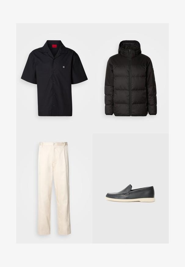 Czarna kurtka puchowa z zapięciem na zamek, kapturem, pikowanymi sekcjami i elastycznymi mankietami, wykonana z gładkiego, wodoodpornego materiału.; Krótki rękaw czarna koszula wykonana z bawełny. Posiada wywinięty kołnierz, zapięcie na guziki z przodu oraz małe logo na lewej piersi. Gładka tekstura.; Beżowe bawełniane spodnie o prostym kroju nogawki, z zapięciem na guziki i plisami z przodu dla dodatkowego zdobienia.; Czarne skórzane slip-ony w stylu loafers z teksturowanym wykończeniem i kontrastującą beżową gumową podeszwą. Posiadają delikatny akcent wzdłuż przodu.