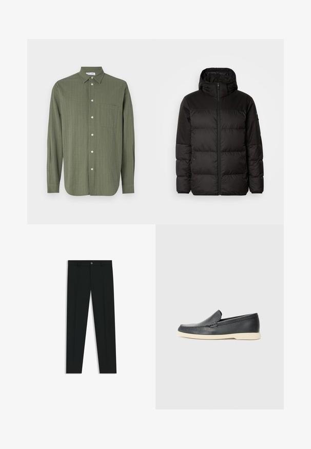 Il giubbotto puffo nero presenta una chiusura con zip, un cappuccio, sezioni trapuntate e polsini elastici, realizzato in un materiale liscio e resistente all'acqua.; Camicia a maniche lunghe di colore verde oliva, tessuto testurizzato, chiusura frontale con bottoni, taschino sul petto e colletto classico.; Pantaloni neri in tessuto lisci, con design a gamba dritta. Presentano una chiusura frontale con bottone e passanti per cintura. Senza fantasie.; Mocassini neri in pelle con finitura testurizzata e suola in gomma beige a contrasto. Presentano un accento sottile lungo la parte anteriore.