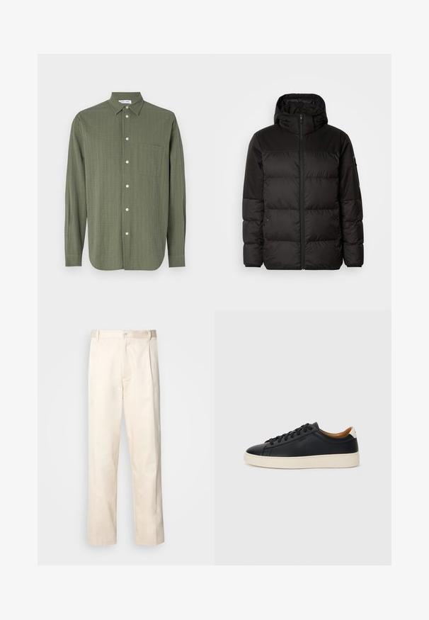 Črna zimska jakna ima zadrgo, kapuco, prešite odseke in elastične manšete, izdelana je iz gladkega, vodoodpornega materiala.; Srajca z dolgimi rokavi v olivno zeleni barvi, teksturirana tkanina, zapenjanje spredaj na gumbe, en sam žep na prsih ter klasičen ovratnik.; Bež cottone hlače s ravnim krojem, ki imajo gumbasto zapiranje in nabore spredaj za dodatne detajle.; Črne usnjene superge z gladko teksturo, bež gumijastim podplatom, zavezovalnim dizajnom in kontrastnim nagibom na peti.