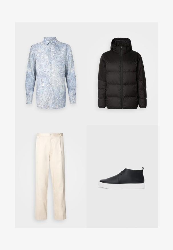 Geacă puffer neagră cu închidere cu fermoar, glugă, secțiuni quilted și manșete elastice, realizată dintr-un material neted, rezistent la apă.; Cămașă bleu cu nasturi, cu modele florale, mâneci lungi și guler clasic. Confecționată dintr-un material moale, cu textură fină.; Pantaloni din bumbac bej, cu croială dreaptă, dotati cu închidere cu nasture și pliuri în față pentru un plus de detaliu.; Adidași negri din piele, cu vârf înalt, finisaj neted, talpă din cauciuc alb și un design simplu cu șireturi. Au un tab de prindere în partea din spate.