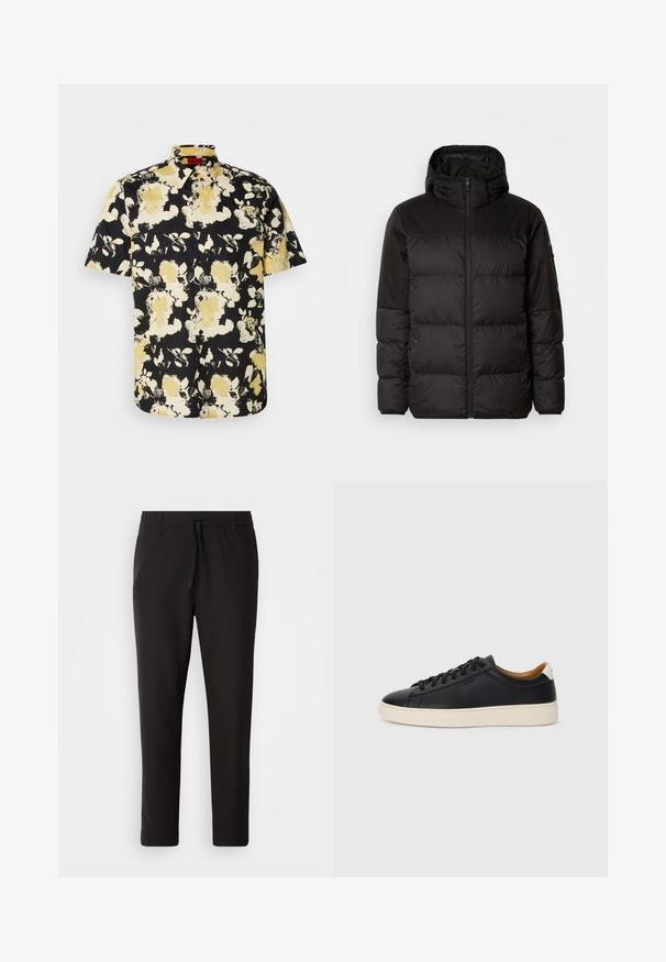 Black puffer jacket features a zip closure, a hood, quilted sections, and elastic cuffs, made from a smooth, water-resistant material.; Short-sleeve shirt in black with a yellow floral pattern. Made from lightweight fabric, featuring a classic collar and button-up front.; Black jogger pants made of smooth fabric. Feature an elastic waistband with a drawstring, tapered legs, and no visible pockets. Simple design.; Black leather sneakers with a smooth texture, beige rubber sole, lace-up design, and a contrasting heel accent.