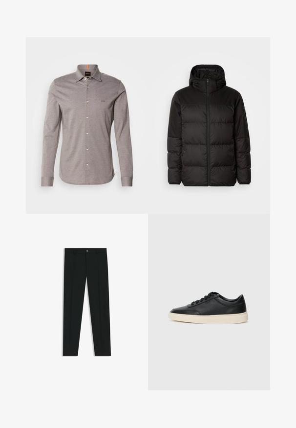 Zwarte pufferjas met ritsluiting, een capuchon, gequiltte secties en elastische manchetten, gemaakt van een glad, waterafstotend materiaal.; Lichtgrijs langemouwen shirt met een button-down kraag, klein logo op de linkerborst en witte knopen. Gemaakt van soepele stof met een subtiele textuur.; Zwarte dresspants met een recht pasvorm, gemaakt van een gladde stof. Heeft een sluiting met een knoop aan de voorkant en ceintuurlussen. Effen zonder patronen.; Zwarte leren sneaker met lage schacht, zwarte veters en off-white zool, weergegeven in zijprofiel op een witte achtergrond.