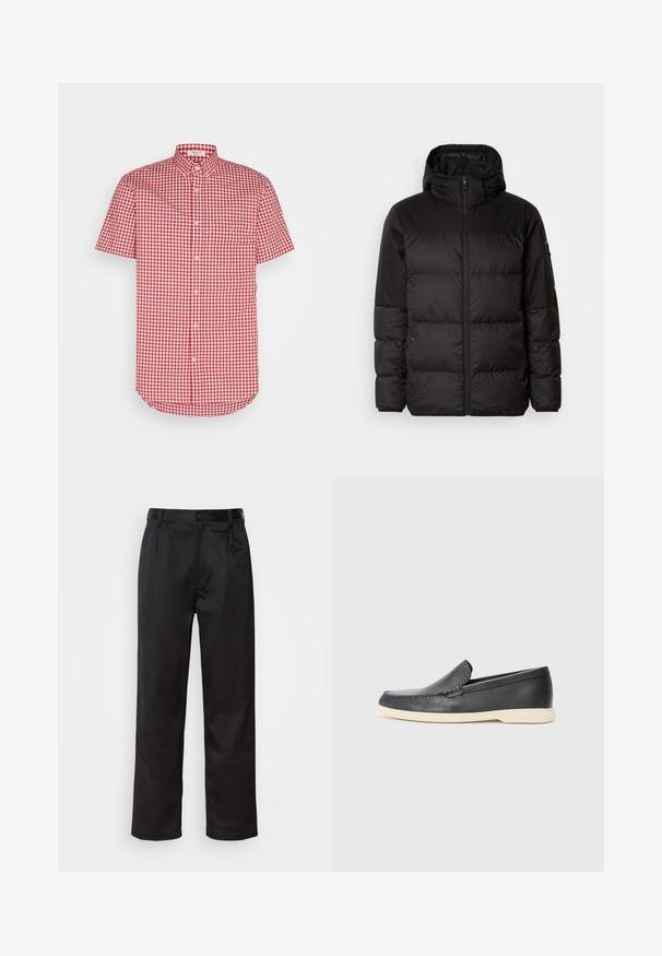 Black puffer jacket features a zip closure, a hood, quilted sections, and elastic cuffs, made from a smooth, water-resistant material.; Short-sleeve button-up shirt featuring a red and white gingham pattern, collar, and chest pocket, made from lightweight fabric.; Black trousers made of smooth fabric, featuring a front button closure, pleats, and straight legs. No visible patterns or accents.; Black leather slip-on loafers with a textured finish and a contrasting beige rubber sole. Features a subtle accent along the front.