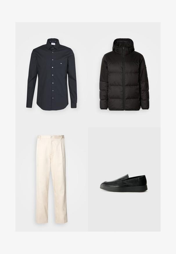 A jaqueta puffer preta apresenta um fecho zip, um capuz, secções acolchoadas e punhos elásticos, confeccionada em um material liso e resistente à água.; Camisa preta de manga longa com botões, feita de um tecido suave. Apresenta um colarinho clássico, botões frontais e um pequeno logótipo branco no peito.; Calças de algodão bege com corte reto, apresentando um fecho de botão e pregas na frente para um detalhe adicional.; Calvin Klein HYBRID CUP - Sapatos sem atacadores - triple black