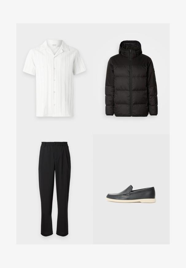 Black puffer jacket features a zip closure, a hood, quilted sections, and elastic cuffs, made from a smooth, water-resistant material.; White short-sleeve shirt with vertical textured stripes, a notched collar, and five buttons down the front, made from a lightweight fabric.; Black trousers with an elastic waistband, button closure, and straight leg design. Smooth fabric, no visible patterns or accents.; Black leather slip-on loafers with a textured finish and a contrasting beige rubber sole. Features a subtle accent along the front.
