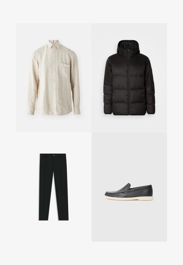 Zwarte pufferjas met ritsluiting, een capuchon, gequiltte secties en elastische manchetten, gemaakt van een glad, waterafstotend materiaal.; Beige linnen shirt met lange mouwen, knoopsluiting aan de voorkant, enkele borstzak en een subtiele textuur. Oranje accent bij de halslijn.; Zwarte dresspants met een recht pasvorm, gemaakt van een gladde stof. Heeft een sluiting met een knoop aan de voorkant en ceintuurlussen. Effen zonder patronen.; Zwarte leren instappers met een gestructureerde afwerking en een contrasterende beige rubberen zool. Beschikt over een subtiele accent langs de voorkant.