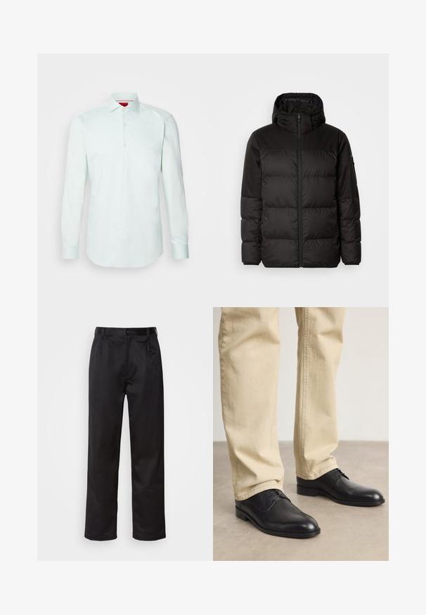 Juodas pūkinis švarkas turi užtrauktuką, gobtuvą, siūlinčius skyrius ir elastinius rankogalius, pagamintas iš lygaus, vandeniui atsparaus medžiagos.; HUGO KASON - Marškiniai - light/pastel green; Juodi kelniukai, pagaminti iš lygaus audinio, su užsegimu priekyje, raukšlėmis ir tiesiomis kojomis. Nėra matomų raštų ar akcentų.; Juodos odinės bateliai su raišteliais, su apvaliu pirštu, lygia danga ir subtiliomis siuvimo detalėmis, dėvimi su šviesiai smėliniais kelnėmis.
