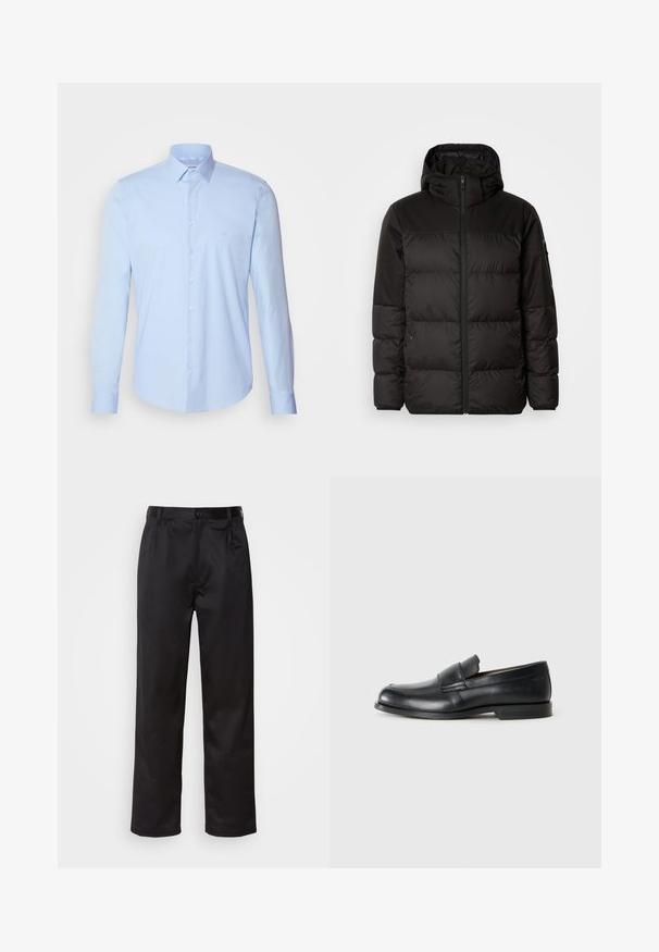 Juodas pūkinis švarkas turi užtrauktuką, gobtuvą, siūlinčius skyrius ir elastinius rankogalius, pagamintas iš lygaus, vandeniui atsparaus medžiagos.; Šviesiai mėlynas džinsinis marškinėliai iš medvilnės, su klasikiniais apykaklėmis, ilgomis rankovėmis ir mažomis logotipais krūtinėje. Lygus paviršius.; Juodi kelniukai, pagaminti iš lygaus audinio, su užsegimu priekyje, raukšlėmis ir tiesiomis kojomis. Nėra matomų raštų ar akcentų.; Juodi odiniai loafersai su apvaliu nosimi, siuvinėjimo detalėmis ir plokščiu guminiu padu. Yra plati juostelė per pėdos vidurį.