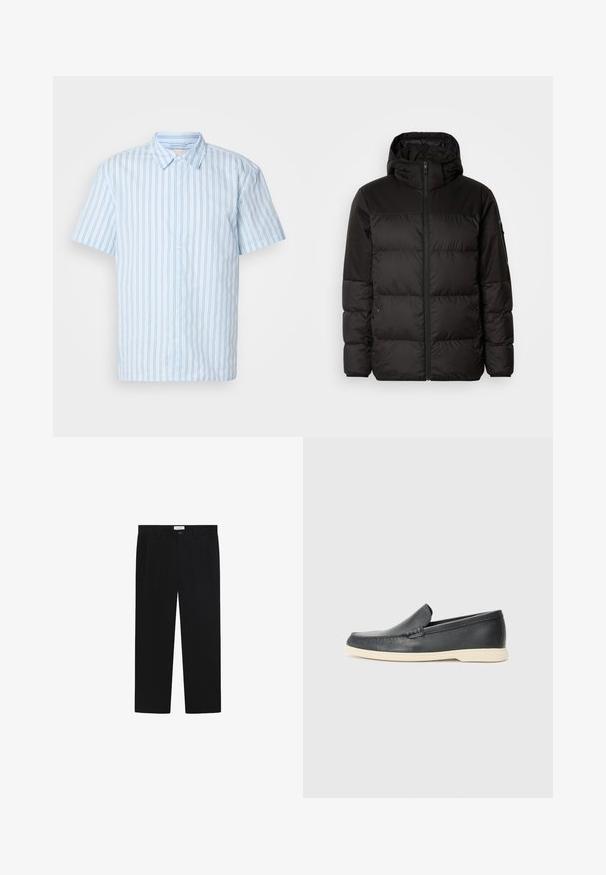 Čierna prešívaná bunda má zips, kapucňu, prešívané sekcie a elastické manžety, vyrobená z hladkého, vodeodolného materiálu.; Krátky rukáv košele s gombíkmi v svetlomodrej látke s vertikálnymi pruhmi. Má špicatý golier a biele gombíky po celej dĺžke prednej časti.; Čierne nohavice s priamym strihom, prednými vreckami a zapínaním na gombík. Vyrobené z hladkej látky s elegantným povrchom.; Čierne kožené slip-on mokasíny s textúrovaným povrchom a kontrastnou béžovou gumovou podrážkou. Obsahujú jemný akcent pozdĺž prednej časti.