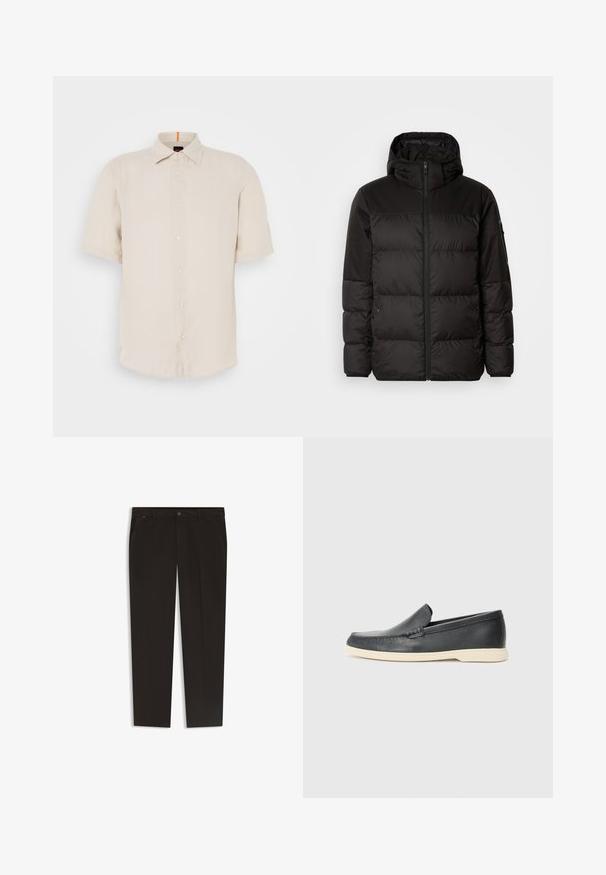 Czarna kurtka puchowa z zapięciem na zamek, kapturem, pikowanymi sekcjami i elastycznymi mankietami, wykonana z gładkiego, wodoodpornego materiału.; Koszula krótki rękaw w jasnym beżowym lnie z kołnierzykiem zapinanym na guziki, z guzikami z przodu i prostym dołem. Posiada subtelną fakturę.; Czarne spodnie z prostymi nogawkami, wykonane z gładkiego materiału. Posiadają zapięcie na guzik i przednie kieszenie. Brak widocznych wzorów lub akcentów.; Czarne skórzane slip-ony w stylu loafers z teksturowanym wykończeniem i kontrastującą beżową gumową podeszwą. Posiadają delikatny akcent wzdłuż przodu.