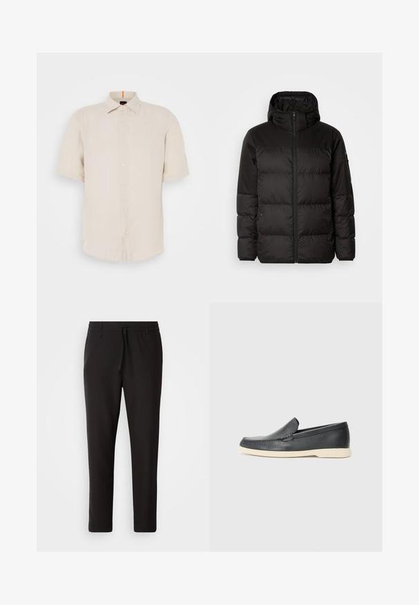 A jaqueta puffer preta apresenta um fecho zip, um capuz, secções acolchoadas e punhos elásticos, confeccionada em um material liso e resistente à água.; Camisa de manga curta em linho bege claro com colarinho abotoado, botões frontais e bainha reta. Apresenta uma textura subtil.; Calças de jogging pretas feitas de tecido liso. Apresentam uma cintura elástica com cordão, pernas ligeiramente ajustadas e sem bolsos visíveis. Design simples.; Mocassins pretos em couro com acabamento texturizado e sola de borracha bege em contraste. Apresenta um detalhe subtil na parte da frente.