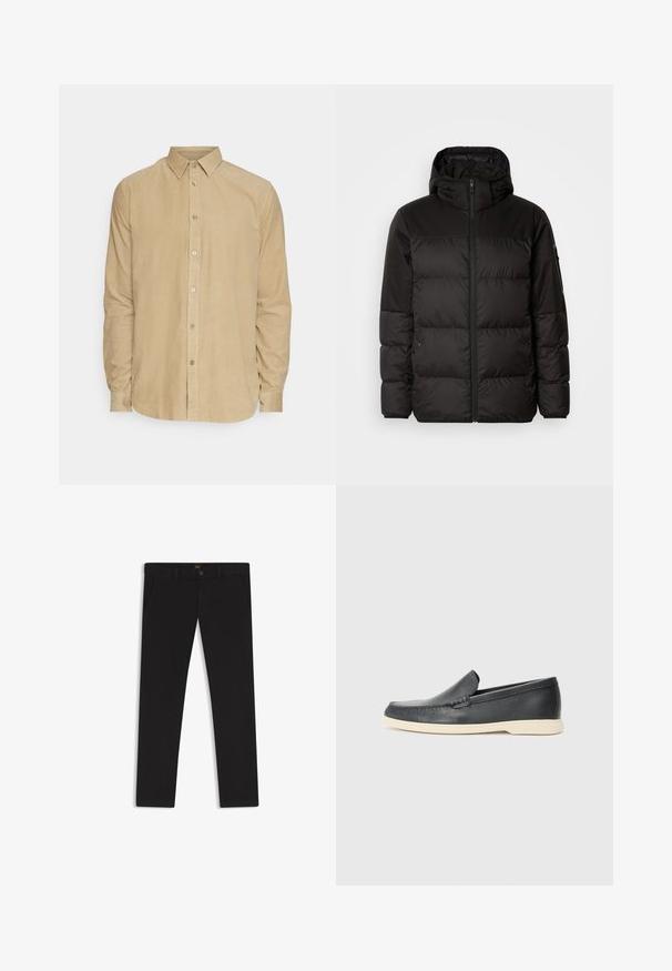 Il giubbotto puffo nero presenta una chiusura con zip, un cappuccio, sezioni trapuntate e polsini elastici, realizzato in un materiale liscio e resistente all'acqua.; Camicia di velluto a coste beige a maniche lunghe con colletto button-down e bottoni sul davanti, esposta su uno sfondo bianco.; Pantaloni neri realizzati in tessuto con una superficie liscia. Presentano una chiusura con bottone, passanti per cintura e tasche laterali. Design a gamba dritta standard.; Mocassini neri in pelle con finitura testurizzata e suola in gomma beige a contrasto. Presentano un accento sottile lungo la parte anteriore.