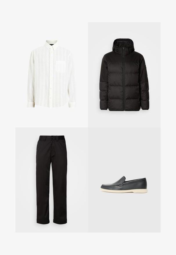 Black puffer jacket features a zip closure, a hood, quilted sections, and elastic cuffs, made from a smooth, water-resistant material.; White button-up shirt with a textured striped pattern, long sleeves, and a chest pocket; features a classic collar and button closure.; Black trousers made of smooth fabric, featuring a zip fly, button closure, and rolled cuffs for a casual design.; Black leather slip-on loafers with a textured finish and a contrasting beige rubber sole. Features a subtle accent along the front.