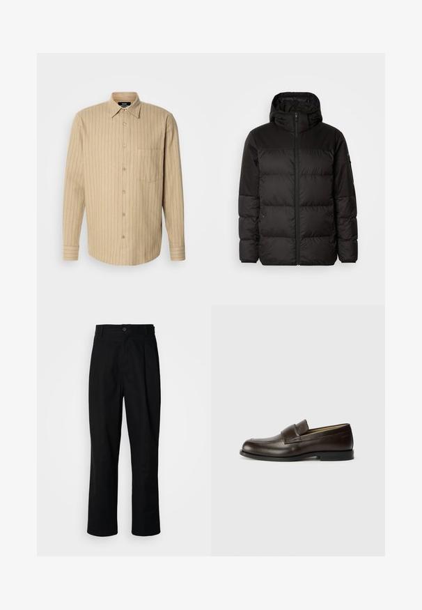 Musta puhvijakku sisältää vetoketjun, hupun, tilkuista koostuvia osioita ja joustavat hihansuut. Se on valmistettu sileästä, vedenpitävästä materiaalista.; Beige napapaita, jossa on pystysuorat siniset raidat, pitkät hihat, yksi rintatasku ja klassinen kaulus. Pehmeä kangas.; Mustat suorat housut napillisella vyötäröllä, vyölenkeillä ja etukaanneksilla, esitelty vaaleaa taustaa vasten.; Calvin Klein Loaferit/pistokkaat - cocoa brown