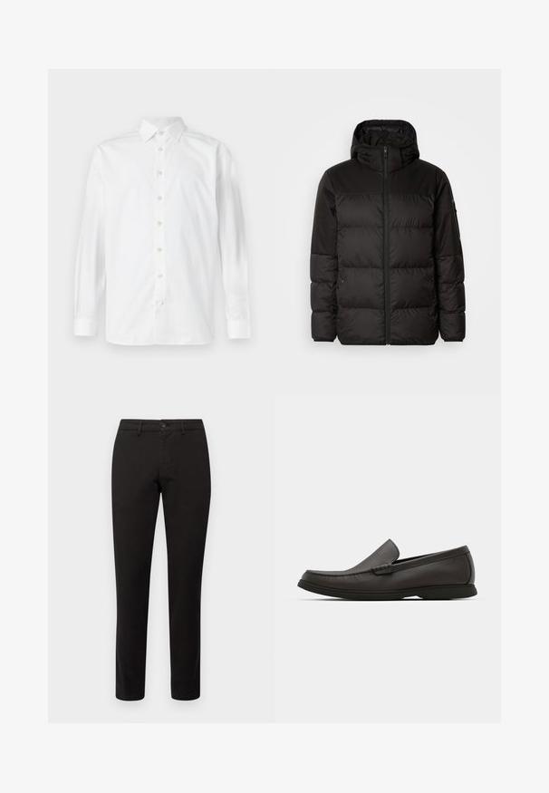 Mustikas puffer-jakk sisaldab tõmblukku, kapuutsi, tikandiga osi ja elastseid mansette, valmistatud siledast veekindlast materjalist.; Valge pikkade varrukatega särk, millel on klassikaline krae, nööbivöö ja peen tekstuur, kumerate servade ja nööbitavate mansettidega.; Mustad slim fit mustreid, valmistatud puuvilla segakangast. Omab ees nuppu sulgemist ja viit taskut. Sile tekstuur, minimaalne detailide kasutamine.; Tumed pruunid nahast loaferid ümarate varvastega, peene õmbluse detailiga ja madala kummitaldaga. Sile tekstuur koos paindliku istuvusega.