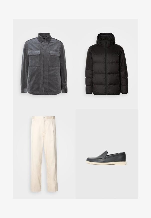 Mustikas puffer-jakk sisaldab tõmblukku, kapuutsi, tikandiga osi ja elastseid mansette, valmistatud siledast veekindlast materjalist.; Mustra mustriline, musta ja halli, kõverdatud kraega särk, kaetud kahe rinna tasku ja pikkade varrukatega. Tekstuuriga kangas sujuva viimistlusega.; Beesidised puuvillased püksid sirge jala lõikega, mis on varustatud nööpkinnituse ja ees olevate voltidega, et lisada detaili.; Must musta sussid mustast nahast, millel on tekstuuriga pind ja kontrastne beež kummitald. Ees on peen aktsent.