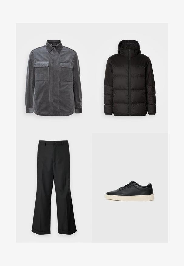 Čierna prešívaná bunda má zips, kapucňu, prešívané sekcie a elastické manžety, vyrobená z hladkého, vodeodolného materiálu.; Čierno-sivý pruhovaný kordový tričko s golierom na gombíky, dvoma náprsními vreckami a dlhými rukávmi. Textúrovaná tkanina s hladkým povrchom.; Čierne nohavice s širokými nohavicami a gombíkovým pásom, s manžetami na koncoch, vystavené na jednoduchom bielom pozadí.; Čierne nízkoprevádzkové kožené tenisky s čiernymi šnúrkami a krémovou podrážkou zobrazené v bočnom profile na bielom pozadí.