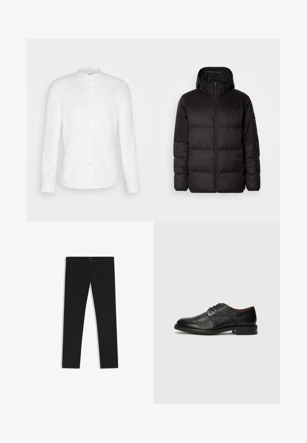 La chaqueta acolchada negra tiene un cierre de cremallera, capucha, secciones acolchadas y puños elásticos, hecha de un material suave y resistente al agua.; Camisa blanca de manga larga con cuello mandarín y tapeta delantera. Hecha de algodón, presenta una textura suave y cierre de botones.; Pantalones negros de tela con una textura suave. Cuentan con cierre de botón, trabillas para cinturón y bolsillos laterales. Diseño de pierna recta estándar.; Tommy Hilfiger VOGUE LTH - Zapatos de vestir con cordones - black