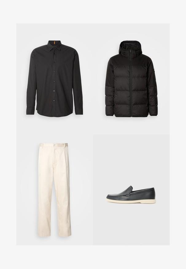 Čierna prešívaná bunda má zips, kapucňu, prešívané sekcie a elastické manžety, vyrobená z hladkého, vodeodolného materiálu.; Čierna košeľa s dlhým rukávom vyrobená z ľahkej látky. Obsahuje gombíkový golier, gombíky vpredu a vyšité logo na hrudi.; Béžové bavlnené nohavice so strihom rovného nohu, s gombíkovým zapínaním a záhybmi vpredu pre pridanie detailu.; Čierne kožené slip-on mokasíny s textúrovaným povrchom a kontrastnou béžovou gumovou podrážkou. Obsahujú jemný akcent pozdĺž prednej časti.