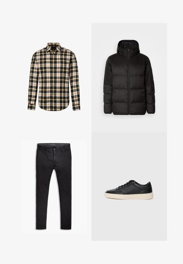 Sort pufferjakke med lynlås, hætte, quiltede sektioner og elastiske manchetter, lavet af et glat, vandafvisende materiale.; Langærmet skjorte med knaplukning, der har et flerfarvet ternet mønster i sort, hvid, orange og grå, med klassisk krave og buet kant.; Sorte bomulds-chinos med tapered fit, der har fem lommer, bæltestropper og en glat texure. Lynlås med knaplukning.; Sort lavt top lædersneaker med sorte snørebånd og off-white sål vist i sideprofil på hvid baggrund.