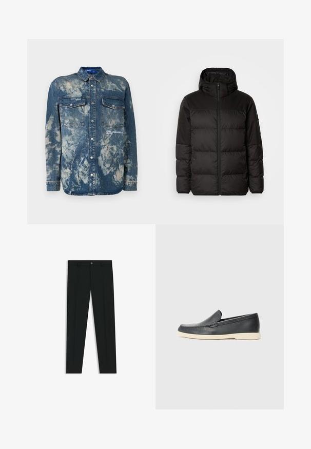 Czarna kurtka puchowa z zapięciem na zamek, kapturem, pikowanymi sekcjami i elastycznymi mankietami, wykonana z gładkiego, wodoodpornego materiału.; Jeansowa kurtka w jasnoniebieskim kolorze z białym marmurkowym efektem. Posiada dwie kieszenie na piersiach, zapięcie na guziki oraz szczegół z logo „KARL LAGERFELD JEANS”.; Czarne spodnie materiałowe z prostymi nogawkami, wykonane z gładkiego materiału. Posiadają zamek na guzik z przodu oraz szlufki na pasek. Gładkie, bez wzorów.; Czarne skórzane slip-ony w stylu loafers z teksturowanym wykończeniem i kontrastującą beżową gumową podeszwą. Posiadają delikatny akcent wzdłuż przodu.