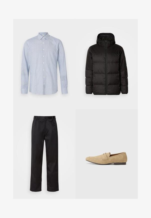 Schwarze Pufferjacke mit Reißverschluss, Kapuze, gesteppten Abschnitten und elastischen Bündchen, hergestellt aus einem glatten, wasserabweisenden Material.; Langärmliges Hemd in Hellblau mit geometrischem Muster und weißen Knöpfen, ausgestattet mit einem spitzen Kragen und einem lockeren Schnitt.; Schwarze Hosen aus glattem Stoff, mit einem Knopfverschluss vorne, Falten und geraden Beinen. Keine sichtbaren Muster oder Akzente.; Beige Wildleder-slipper mit leichtem Glanz, runder Zehenform, praktischer Schlupf-Design und niedrigem braunen Absatz. Dezente Steppnähte.