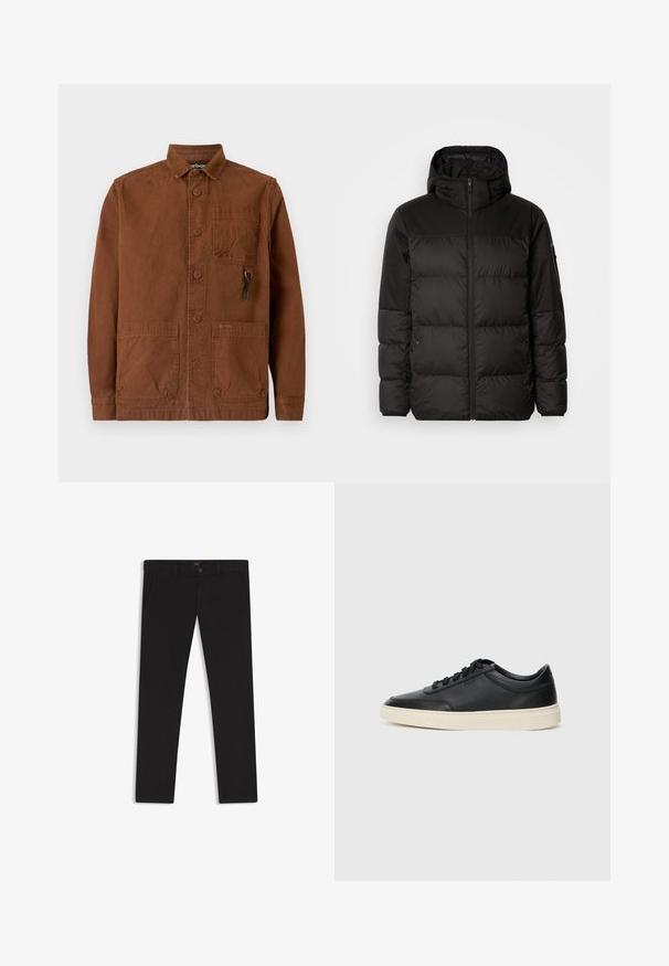 Black puffer jacket features a zip closure, a hood, quilted sections, and elastic cuffs, made from a smooth, water-resistant material.; Brown canvas jacket with a collared neck, front buttons, two front patch pockets, and a small logo on the lower pocket.; Black trousers made of fabric with a smooth texture. Features a button closure, belt loops, and side pockets. Standard straight-leg design.; Black low-top leather sneaker with black laces and off-white sole shown in side profile on white background.