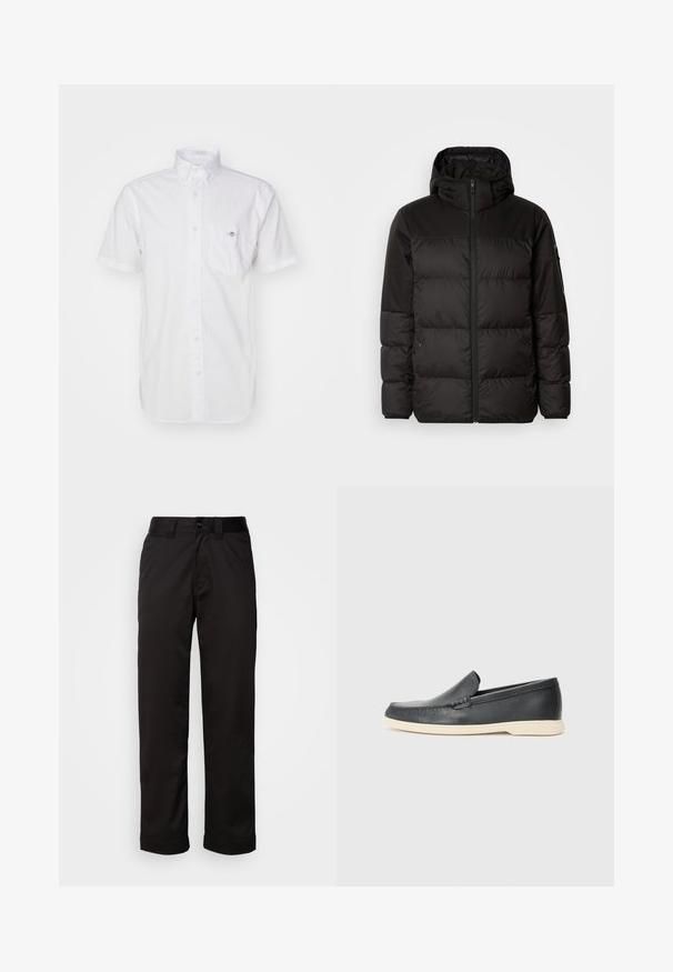 Black puffer jacket features a zip closure, a hood, quilted sections, and elastic cuffs, made from a smooth, water-resistant material.; Short-sleeve white button-up shirt made of lightweight cotton, featuring a chest pocket and subtle logo on the pocket. Smooth texture.; Black trousers made of smooth fabric, featuring a zip fly, button closure, and rolled cuffs for a casual design.; Black leather slip-on loafers with a textured finish and a contrasting beige rubber sole. Features a subtle accent along the front.